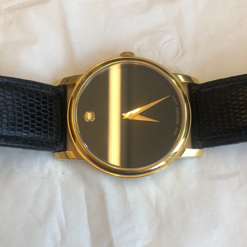 Movado Leather Watch - Grained Black Leather with Gold